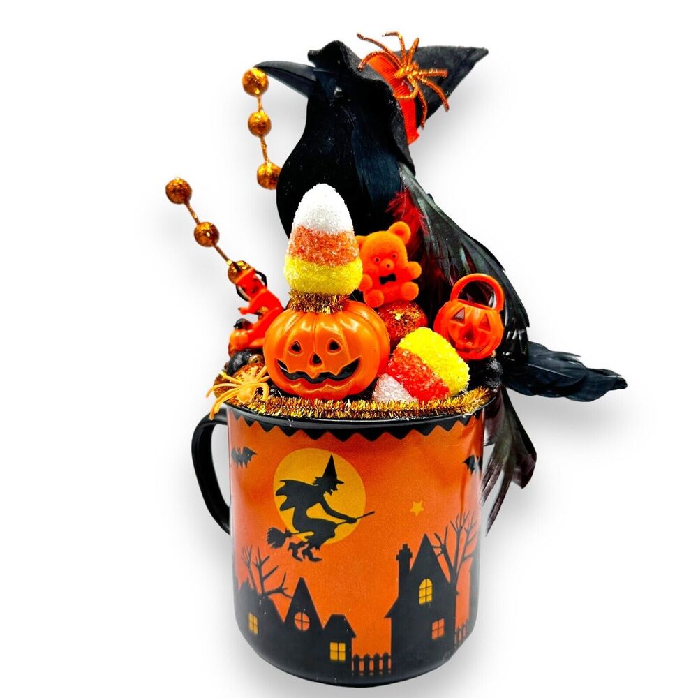 Halloween Mug Spooky Crow Assemblage Display Vintage One Of A Kind 9” Decor